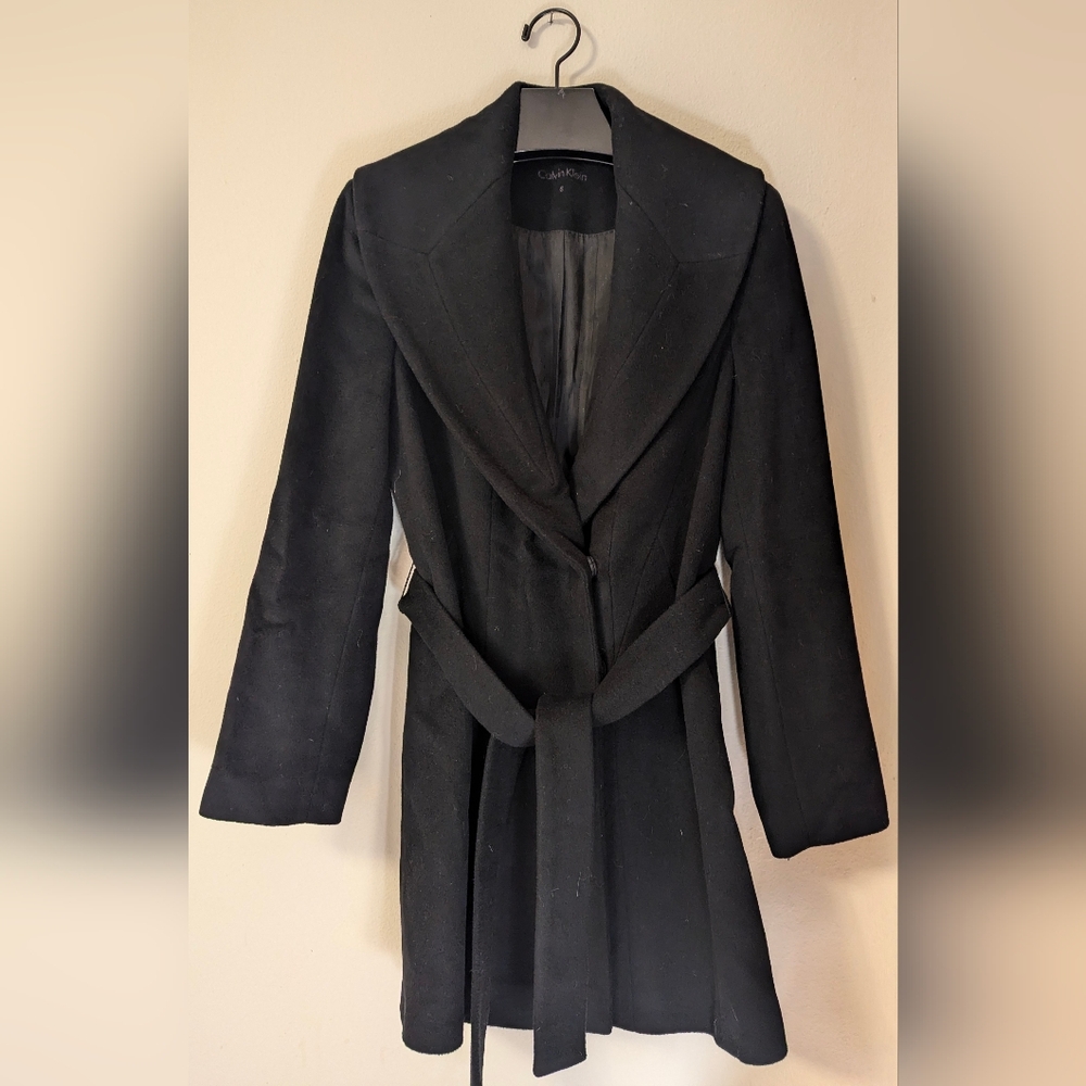Calvin Klein black wool wrap coat size 6
